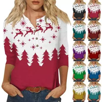 Женская мода Повседневная новая пуговица с круглым вырезом и рукавами 3/4 Свободная футболка с принтом Женский топ XXXL зелёный