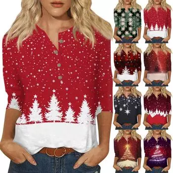 Женская мода Повседневная новая пуговица с круглым вырезом и рукавами 3/4 Свободная футболка с принтом Женский топ S