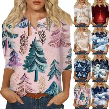 Женская мода Повседневная новая пуговица с круглым вырезом и рукавами 3/4 Свободная футболка с принтом Женский топ XXL розовый