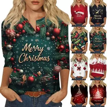 Женская мода Повседневная новая пуговица с круглым вырезом и рукавами 3/4 Свободная футболка с принтом Женский топ M зелёный