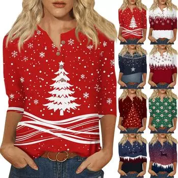 Женская мода Повседневная новая пуговица с круглым вырезом и рукавами 3/4 Свободная футболка с принтом Женский топ L белый