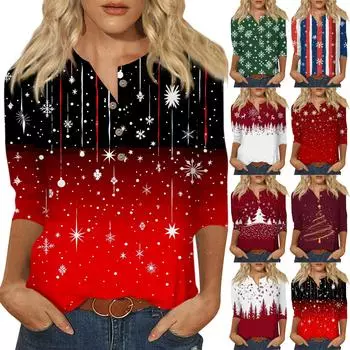 Женская мода Повседневная новая пуговица с круглым вырезом и рукавами 3/4 Свободная футболка с принтом Женский топ XXL