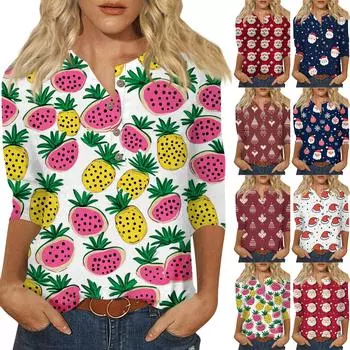 Женская мода Повседневная новая пуговица с круглым вырезом и рукавами 3/4 Свободная футболка с принтом Женский топ L красный