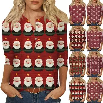 Женская мода Повседневная новая пуговица с круглым вырезом и рукавами 3/4 Свободная футболка с принтом Женский топ XXL