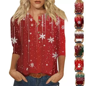 Женская мода Повседневная новая пуговица с круглым вырезом и рукавами 3/4 Свободная футболка с принтом Женский топ XXL