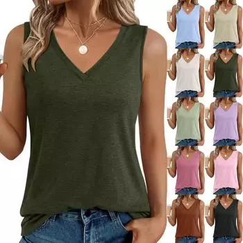 Женская мода повседневная облегающая безрукавка с V-образным вырезом футболка топ L армия зеленый