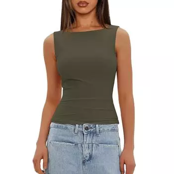 Женская мода повседневная облегающая безрукавная рубашка верхняя одежда топ L армия зеленый