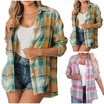 Женская мода, повседневная однобортная свободная лоскутная цветная клетчатая рубашка с длинным рукавом, пальто M розовый