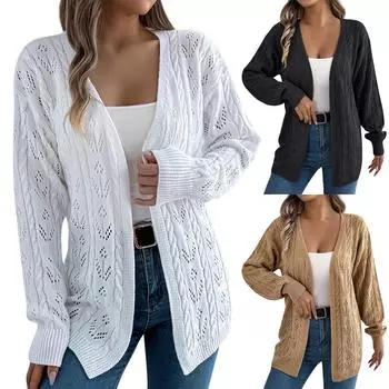 Женская мода повседневная однотонная ажурная куртка с длинным рукавом кардиган свитер L чёрный