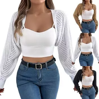 Женская мода повседневная однотонная ажурная шаль с длинным рукавом куртка-свитер M чёрный