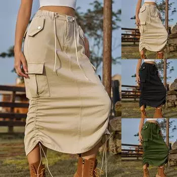 Женская мода, повседневная однотонная джинсовая юбка-миди с полуэластичной резинкой на талии и шнурком XXL чёрный