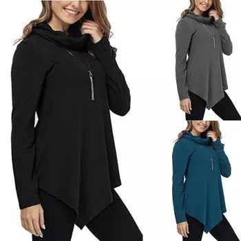 Женская мода повседневная однотонная футболка с длинными рукавами, неровной строчкой по низу, свободный корсет с высоким воротом XXXL