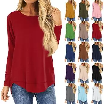 Женская мода, повседневная однотонная футболка с круглым вырезом и длинными рукавами, нерегулярная футболка, топ XXXL белый