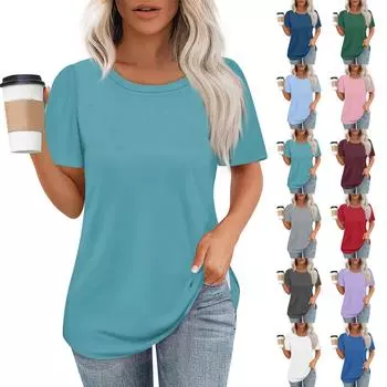 Женская мода повседневная однотонная футболка с круглым вырезом и коротким рукавом L бежевый