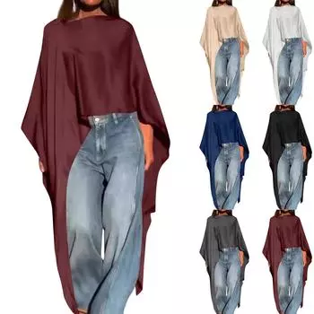 Женская мода повседневная однотонная футболка с неровным подолом и длинными рукавами XXL чёрный