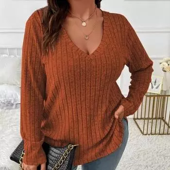 Женская мода, повседневная однотонная футболка с принтом, осень-зима, свободная матовая футболка с длинным рукавом и v-образным вырезом, свитера в полоску XL светло-розовый