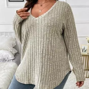 Женская мода, повседневная однотонная футболка с принтом, осень-зима, свободная матовая футболка с длинным рукавом и v-образным вырезом, свитера в полоску XL светло-розовый