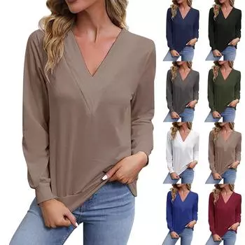Женская мода повседневная однотонная футболка с V-образным вырезом и длинным рукавом L армия зеленый