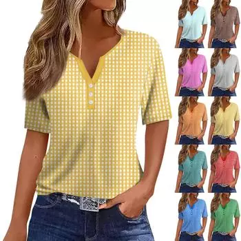 Женская мода повседневная однотонная клетчатая футболка с V-образным вырезом и коротким рукавом с декоративными пуговицами S