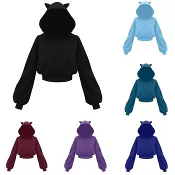 Женская мода повседневная однотонная кошачья ушка с карманом без капюшона с длинным рукавом свитер L чёрный