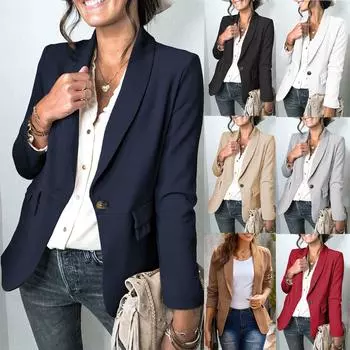 Женская мода, повседневная однотонная куртка с лацканами и длинным рукавом, приталенная пуговица, маленькая куртка L бежевый