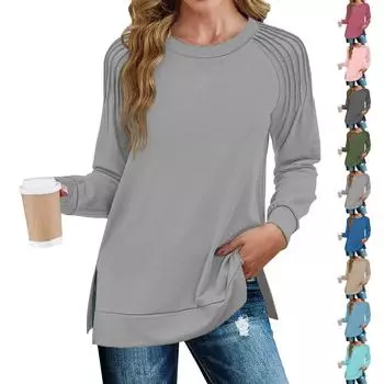 Женская мода повседневная однотонная плиссированная кромка с разрезом свободного кроя осенняя толстовка с длинным рукавом L синий