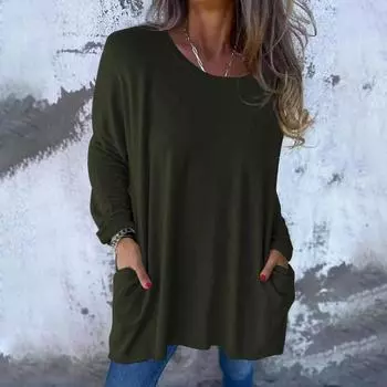Женская мода повседневная однотонная рубашка с длинным рукавом и круглым вырезом с карманами L армия зеленый