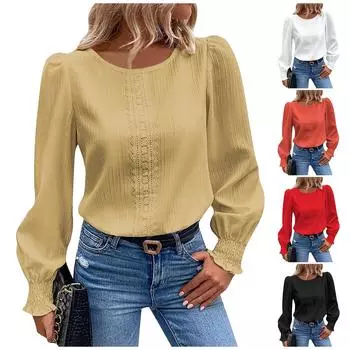 Женская мода повседневная однотонная рубашка с длинным рукавом и круглым вырезом с кружевом XXL красный