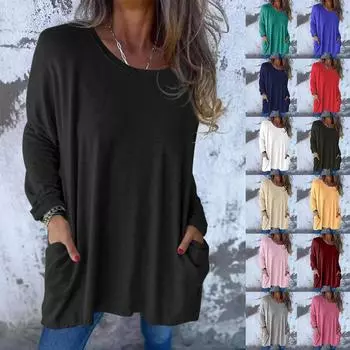 Женская мода повседневная однотонная рубашка с длинным рукавом и круглым вырезом с карманами L армия зеленый