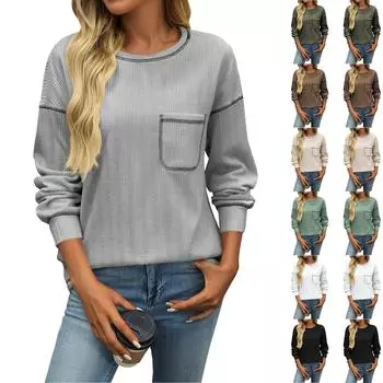 Женская мода повседневная однотонная рубашка с круглым вырезом и длинным рукавом L чёрный