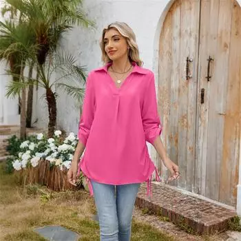 Женская мода повседневная однотонная рубашка с лацканами и средним рукавом свободный топ XXL
