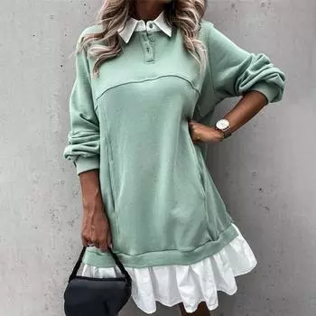 Женская мода, повседневная однотонная рубашка с лацканами, длинными рукавами и рюшами, прямое свободное карманное платье S