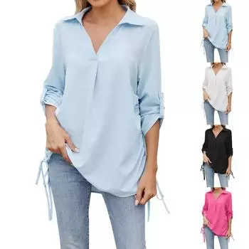 Женская мода повседневная однотонная рубашка с лацканами и средним рукавом свободный топ L чёрный