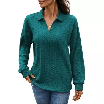 Женская мода повседневная однотонная с лацканами свободная футболка с длинным рукавом топ M