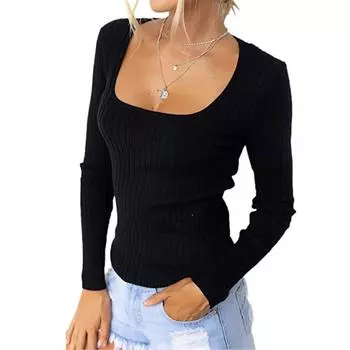 Женская мода повседневная однотонная сексуальная облегающая футболка с длинными рукавами и квадратным вырезом L чёрный