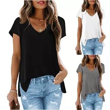 Женская мода, повседневная однотонная струящаяся свободная футболка с короткими рукавами и v-образным вырезом, топ L