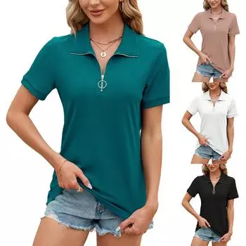 Женская мода, повседневная однотонная свободная футболка с короткими рукавами и лацканами на молнии, топ M белый