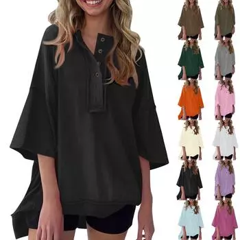 Женская мода, повседневная однотонная свободная толстовка с пуговицами, топ с семью рукавами L армия зеленый