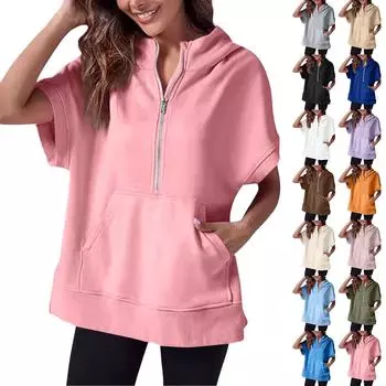 Женская мода, повседневная однотонная толстовка с капюшоном и коротким рукавом с карманом на молнии и короткими рукавами L