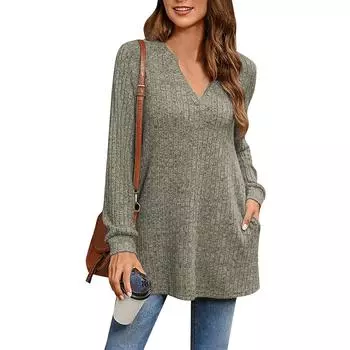 Женская мода повседневная однотонная трикотажная кофта с длинным рукавом и боковыми разрезами, свободный топ с карманом L армия зеленый