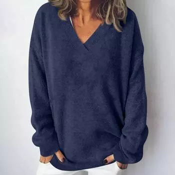 Женская мода повседневная однотонная трикотажная кофта с V-образным вырезом и длинными рукавами, модный милый свитшот XL