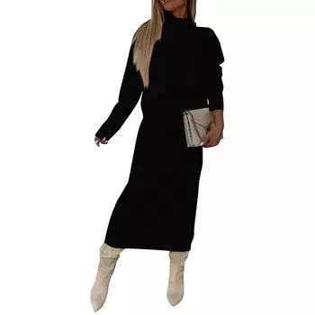 Женская мода повседневная однотонная водолазка трикотажная юбка с запахом бедра комплект из двух предметов L чёрный