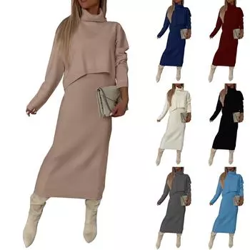 Женская мода повседневная однотонная водолазка трикотажная юбка с запахом бедра комплект из двух предметов L чёрный