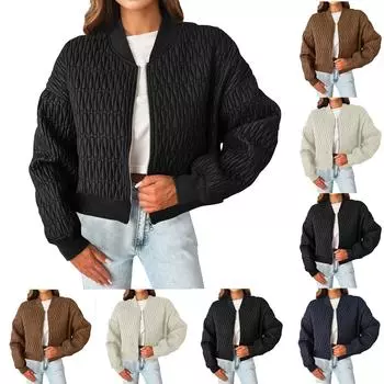 Женская мода повседневная осень и зима однотонная короткая куртка на молнии хлопковое пальто L бежевый