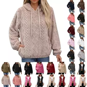 Женская мода повседневная осень и зима плюшевая теплая толстовка с длинным рукавом на молнии с капюшоном и завязками на шнурке S