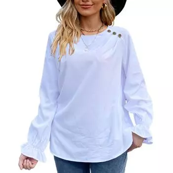 Женская мода повседневная осень-зима однотонные принты с длинным рукавом и U-образным вырезом блузки и рубашки S белый