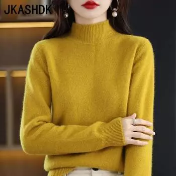 Женская мода повседневная осень-зима однотонный принт длинный рукав полуводолазка женская одежда шерстяной трикотаж свитера M белый