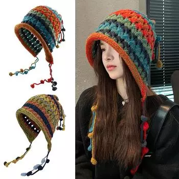 Женская мода повседневная осенне-зимняя вязаная панама красочные полосатые женские шапки оранжевый