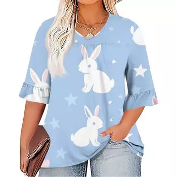 Женская мода повседневная Пасха принтованная V-образный вырез рукав семь минут оборки рукав футболка топы плюс размер женская XXXXL
