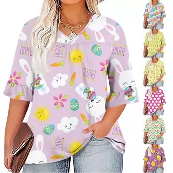 Женская мода повседневная Пасха принтованная V-образный вырез рукав семь минут оборки рукав футболка топы плюс размер женская XL